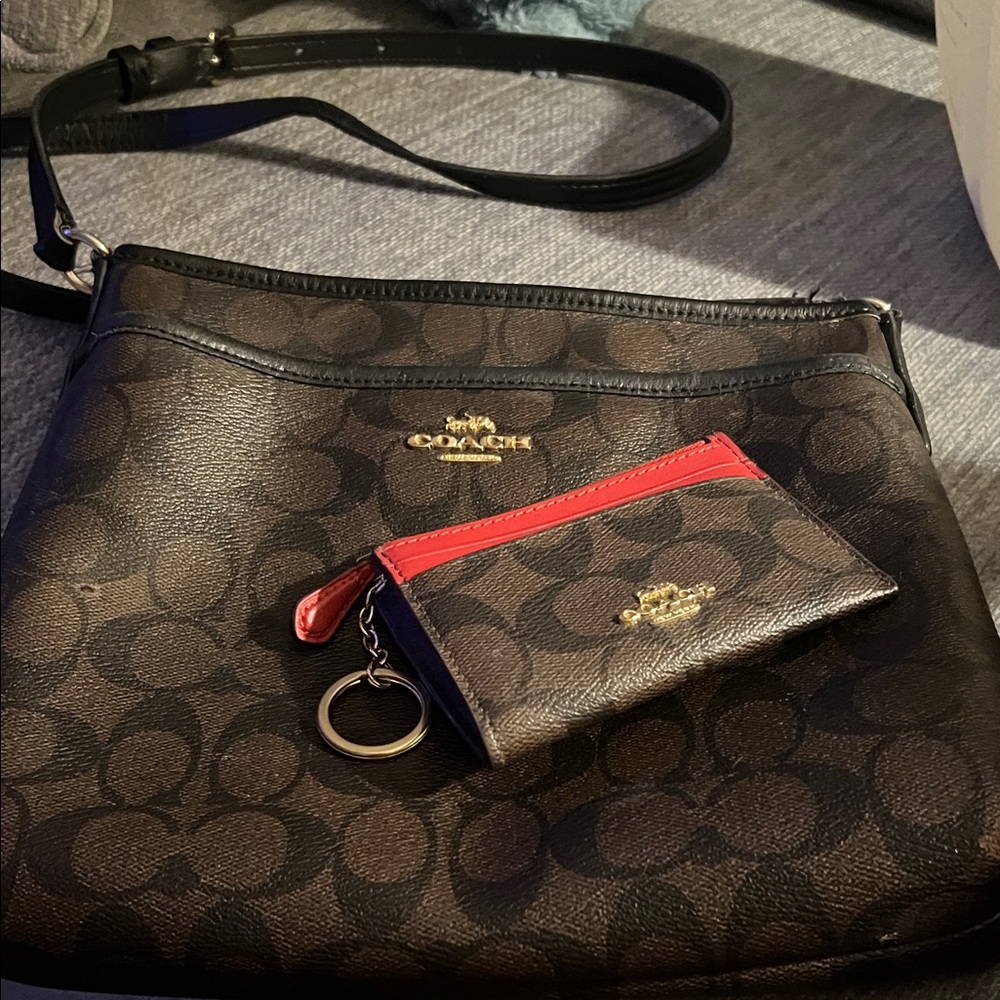 Coach Signature Pattern Crossbody Bag and ID Coin purse with Red Trim